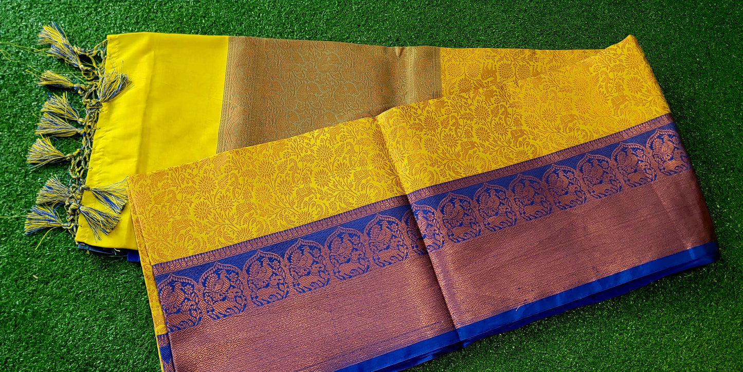 Banaras pattu saree - Yellow with dark blue combination