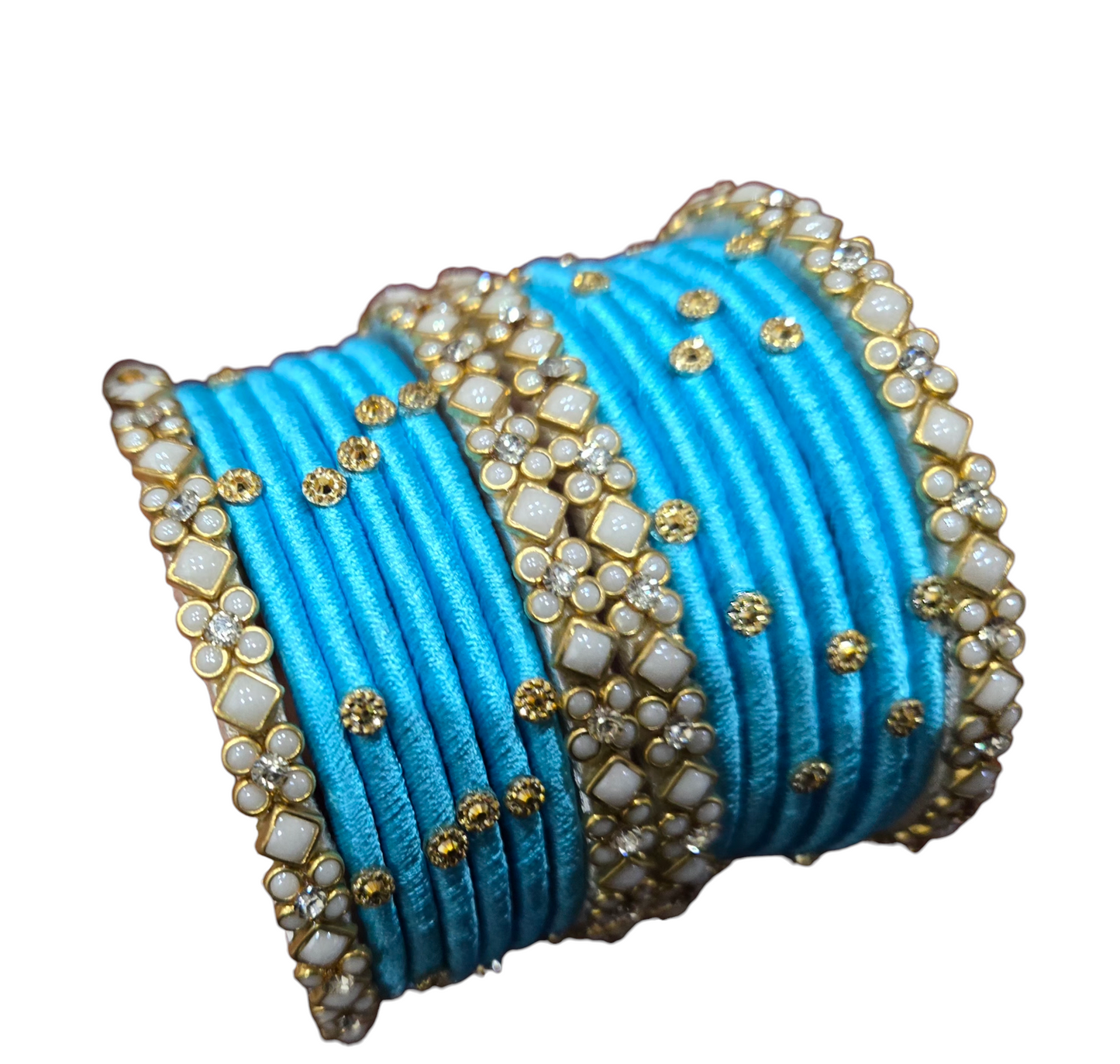 Silk thread bangles with pretty sides - Blue and pearl combination - 2.6