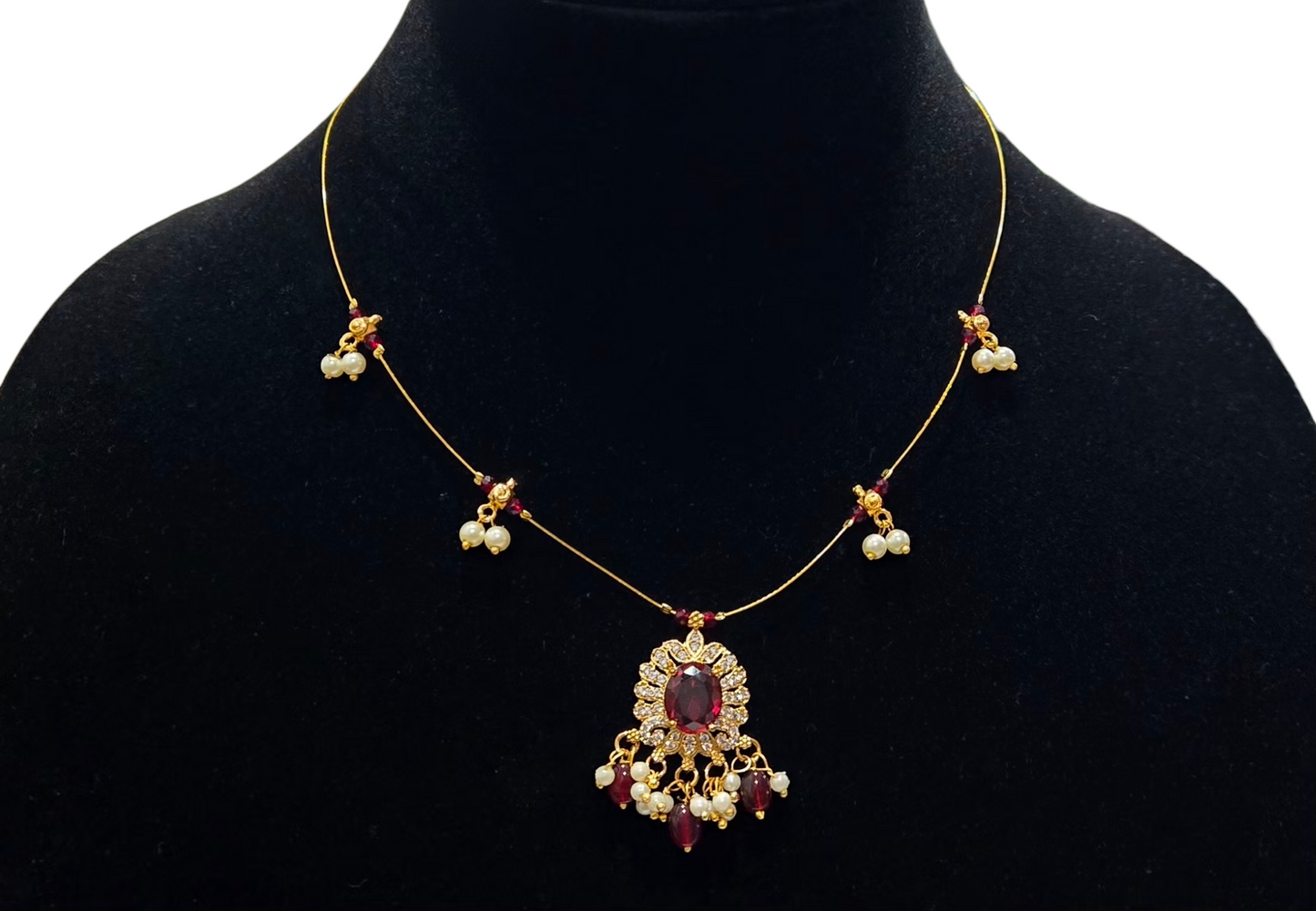 Crimson Heirloom Pearl-Drop Bridal Pendant Necklace