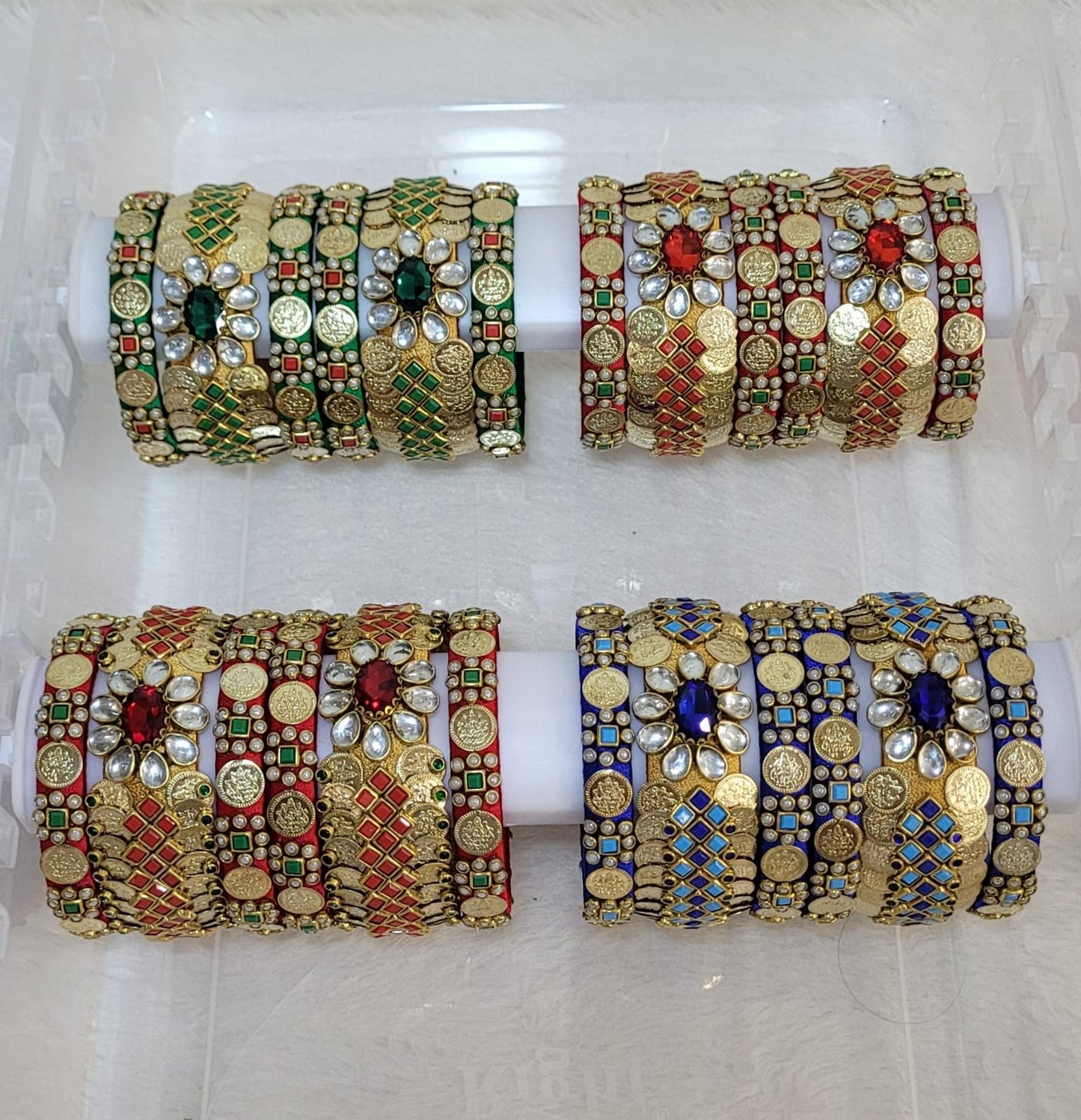 Beautiful Silk Thread Handmade Kasu Bangles Set with heavy Kundans