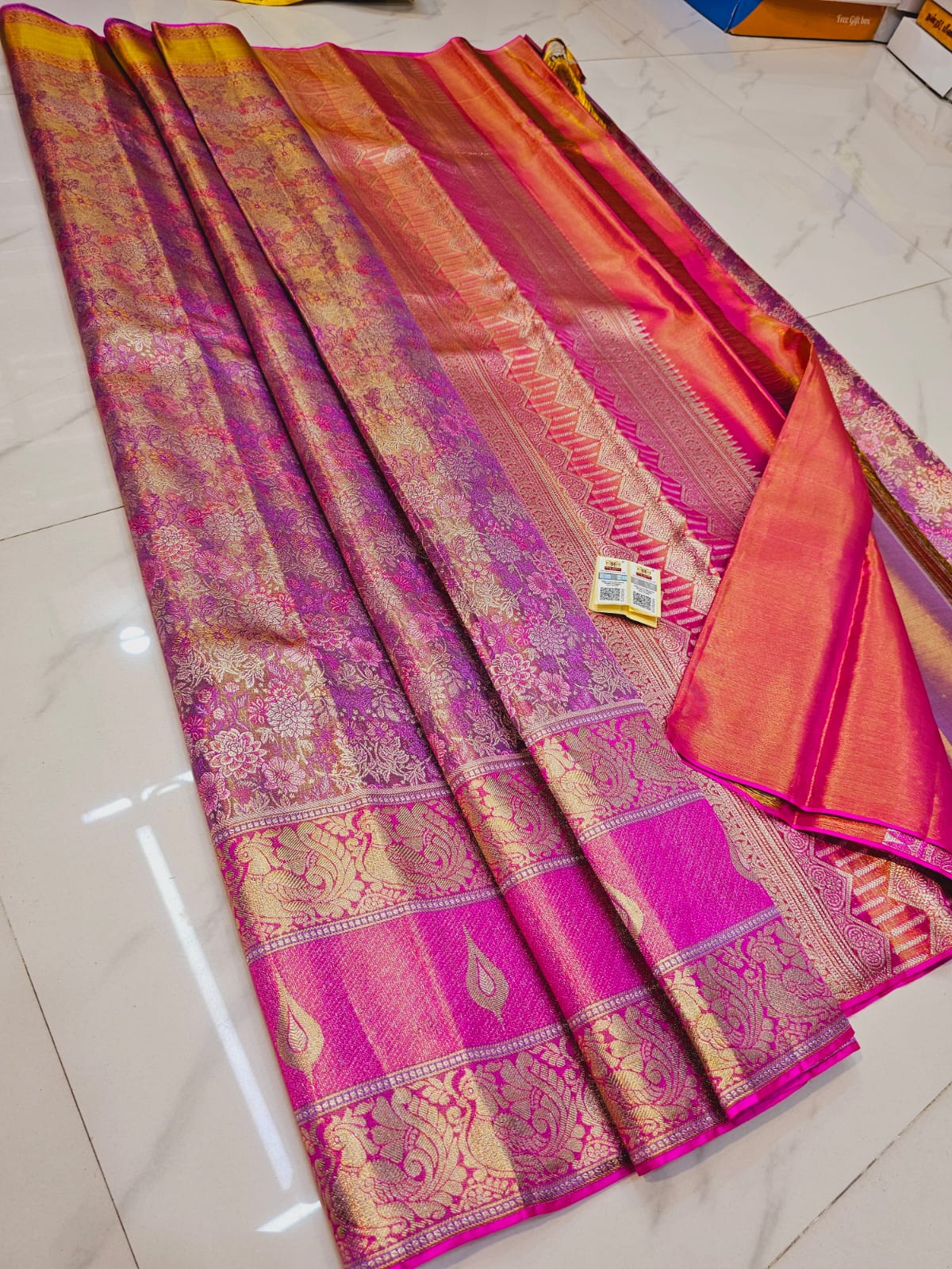 Silk mark certified Pure Silk kanchi pattu saree - Pink shades with silver and golden