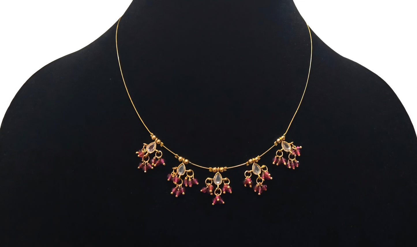 Polki trardrop invisible necklace with clustered bead hangings