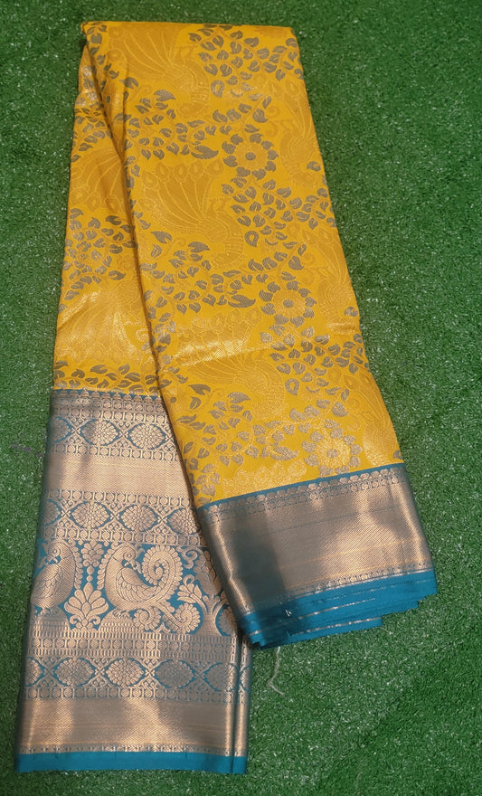 Premium Kanchi Silk Saree - Dark yellow with rama blue