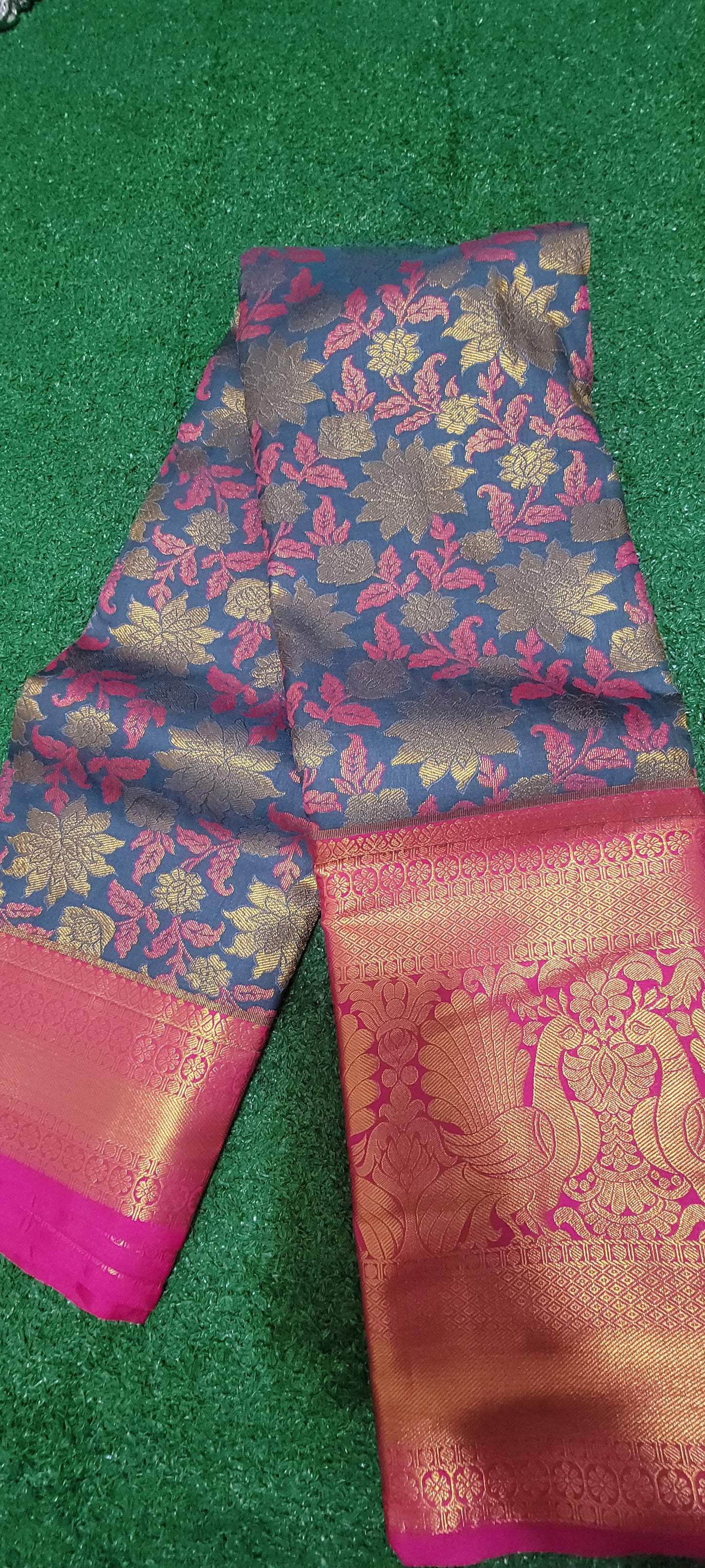 Premium Kanchi Silk Saree - Grey with Pink combination