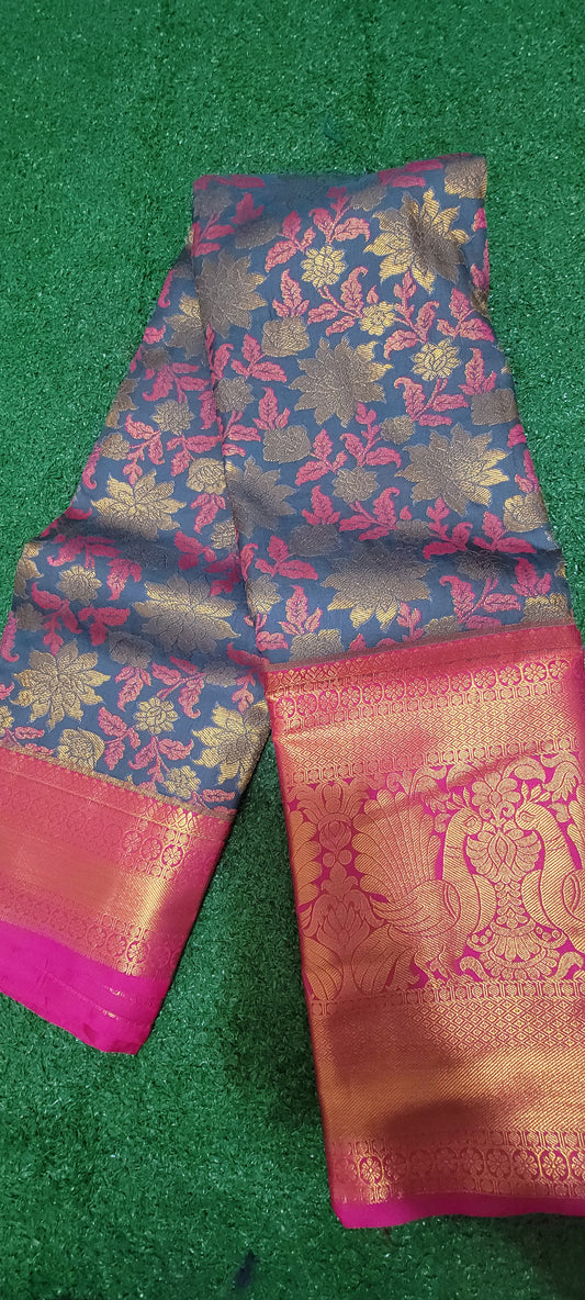 Premium Kanchi Silk Saree - Grey with Pink combination