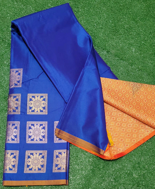 Beautiful Soft Silk Saree- Blue and decent Orange combination