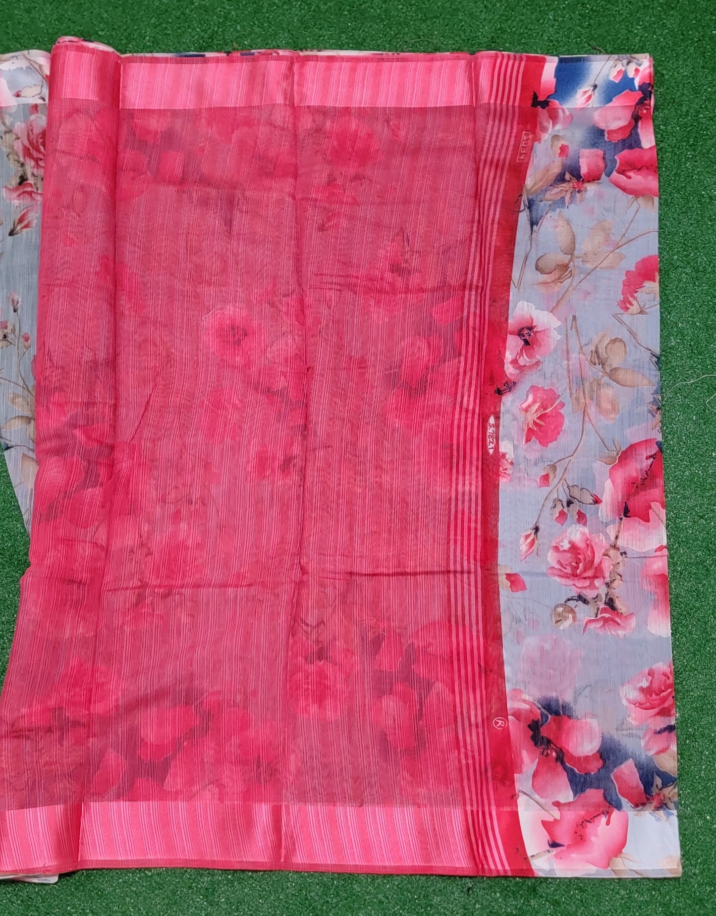 Pink and grey floral Lenin Saree