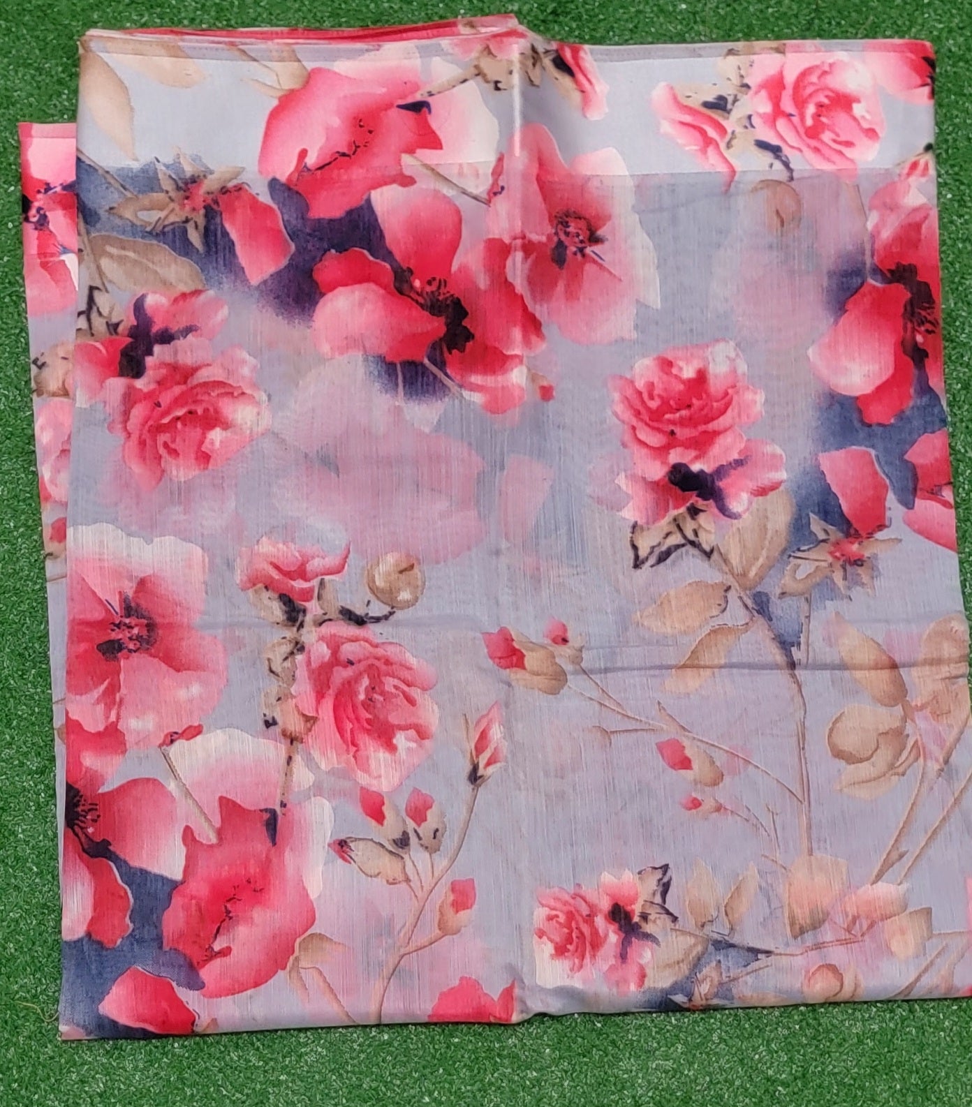 Pink and grey floral Lenin Saree