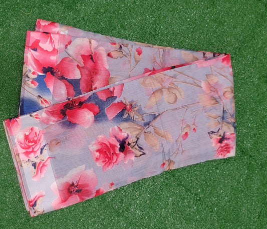 Pink and grey floral Lenin Saree