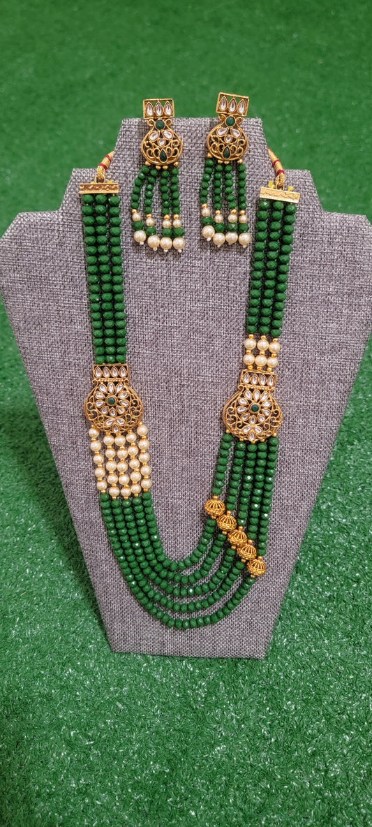 Beaded Layered Necklace Set With Antique Polish - Green