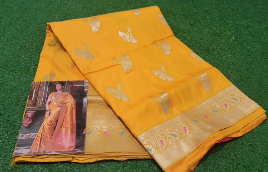 Fancy Soft Silk Saree - Yellow with Pink