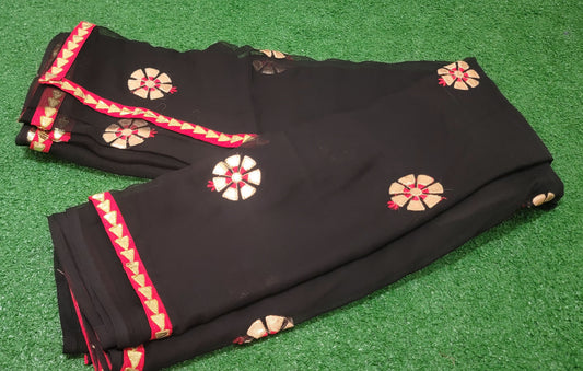 Beautiful black and red combination chinnon saree
