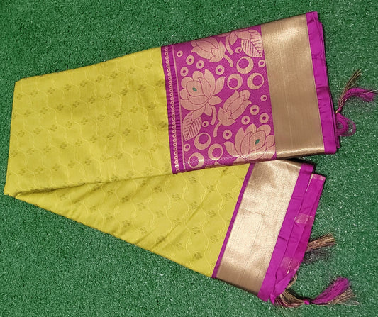 Soft Silk Saree - Mehandi green with dark purple