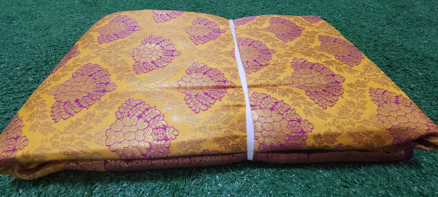 Premium Kanchi Silk Saree - Yellow and Dark magenta purple