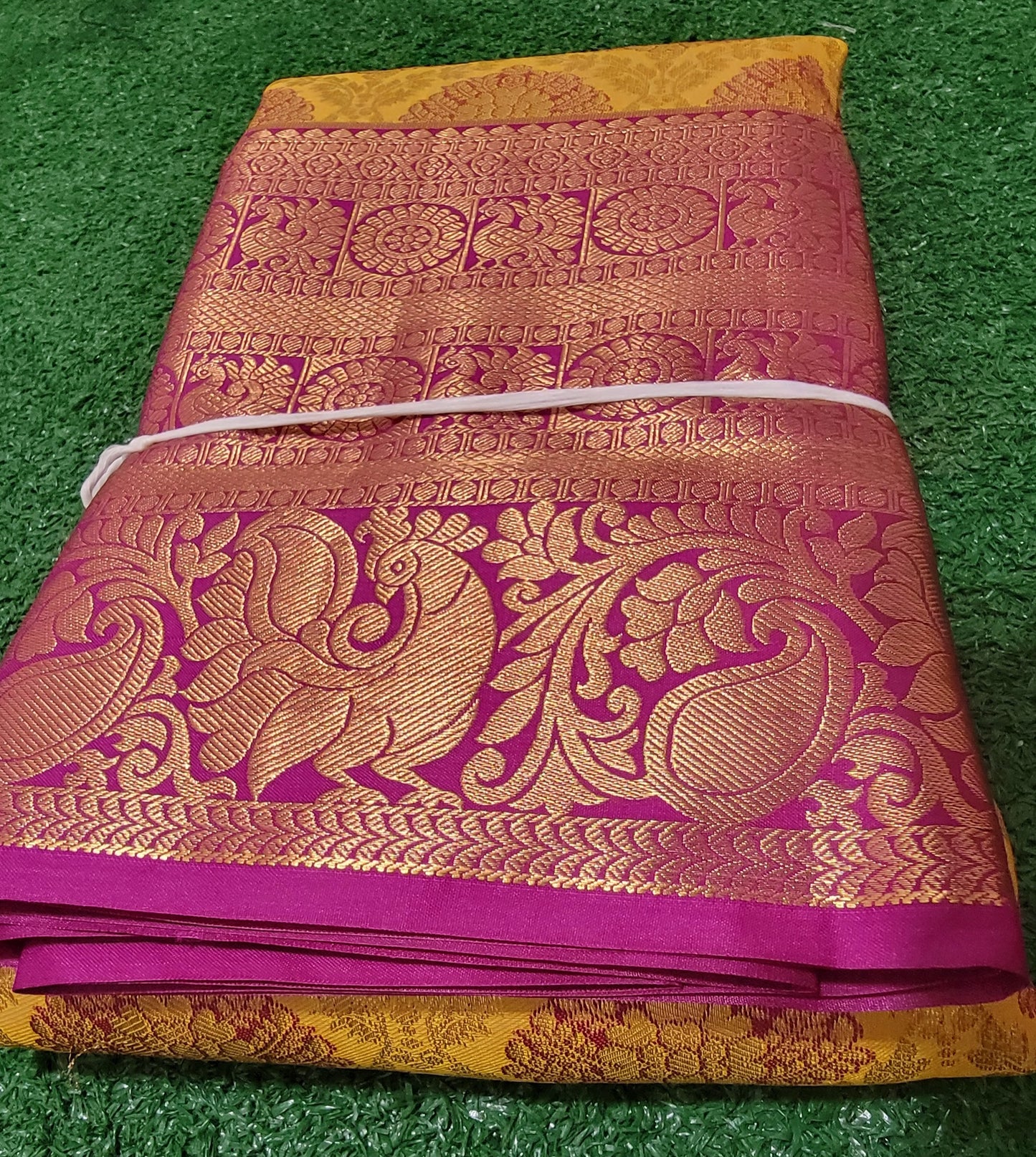 Premium Kanchi Silk Saree - Yellow and Dark magenta purple