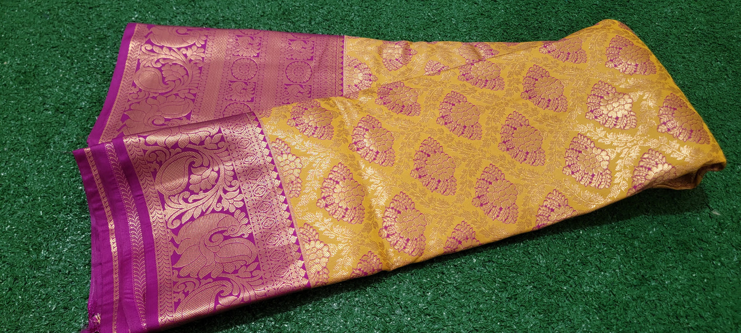 Premium Kanchi Silk Saree - Yellow and Dark magenta purple