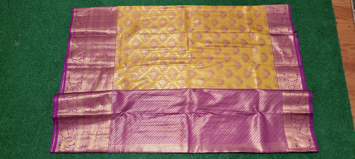 Premium Kanchi Silk Saree - Yellow and Dark magenta purple