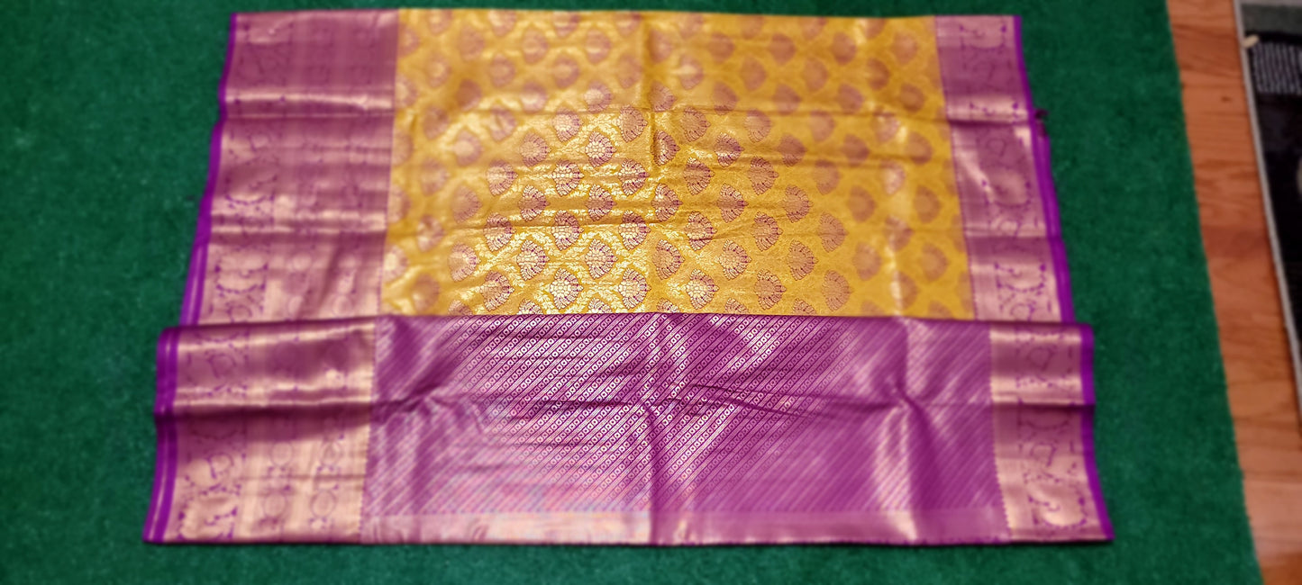 Premium Kanchi Silk Saree - Yellow and Dark magenta purple