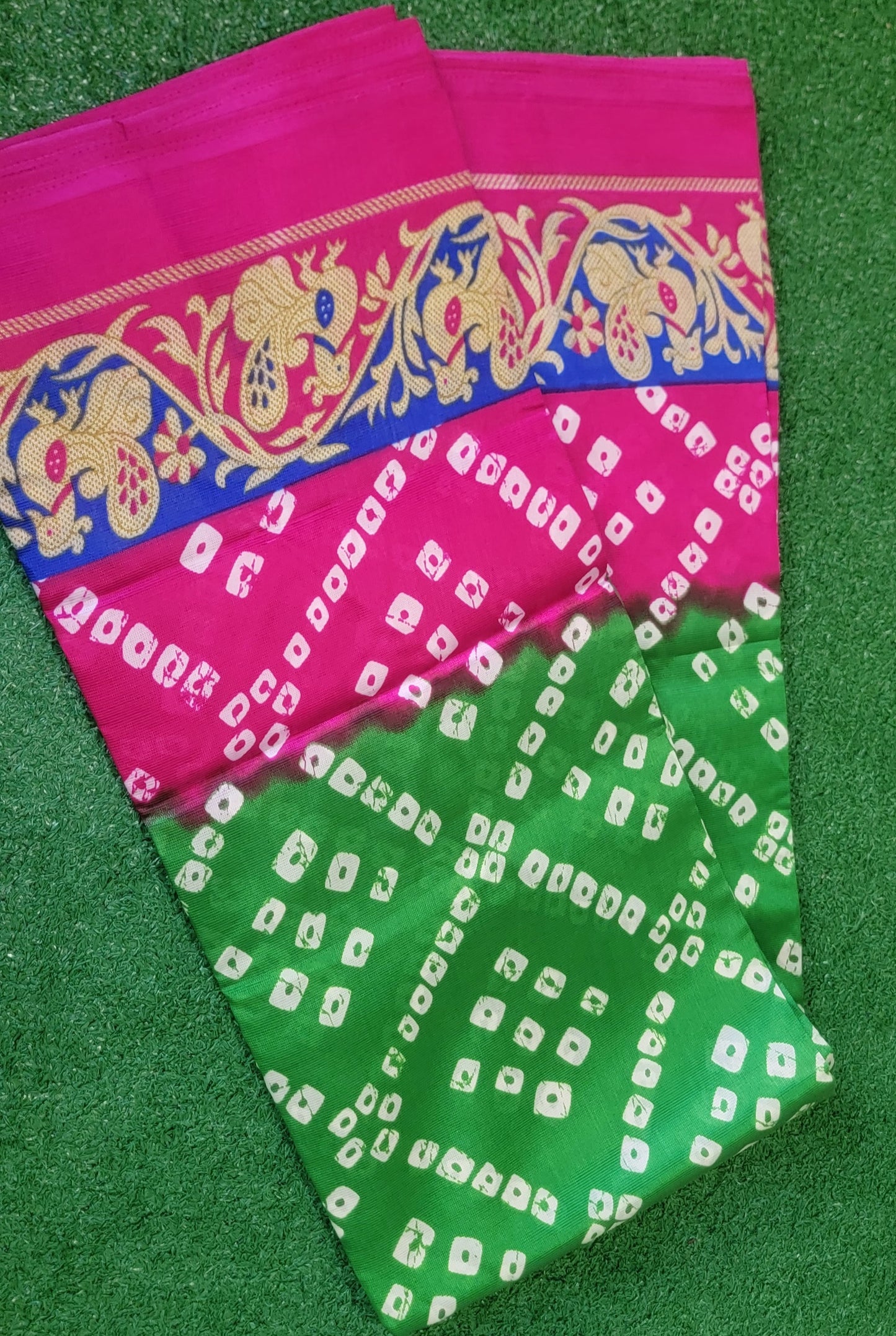 Beautiful bandhani print  art silk Saree - Pink and Green combination