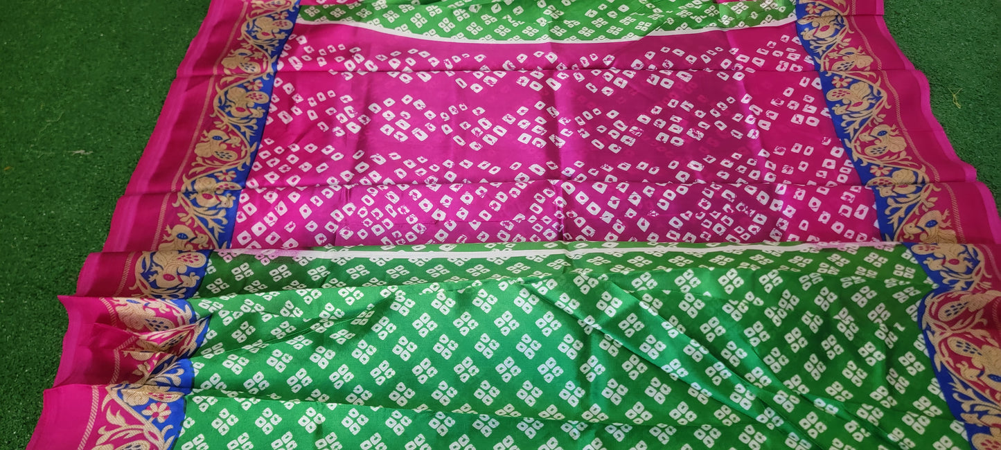 Beautiful bandhani print  art silk Saree - Pink and Green combination