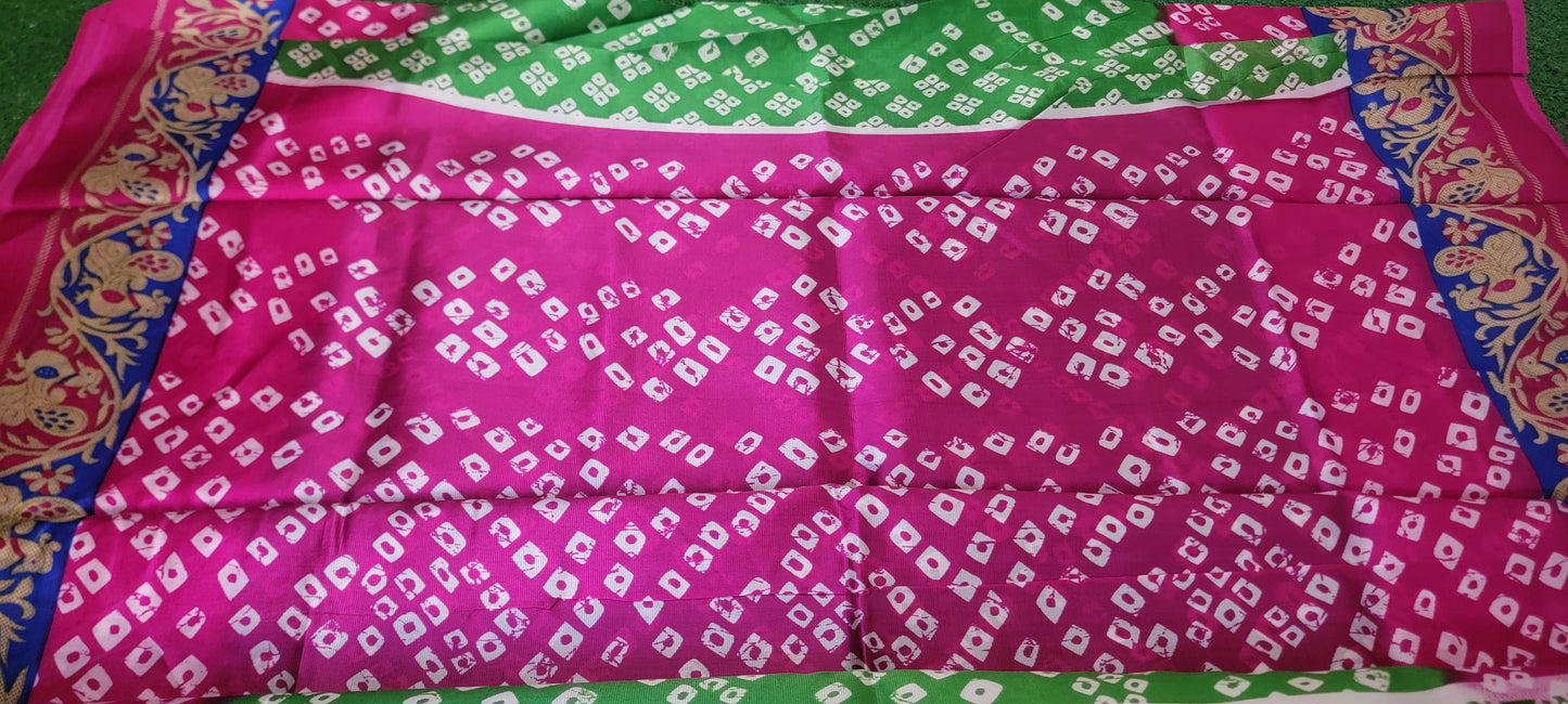 Beautiful bandhani print  art silk Saree - Pink and Green combination