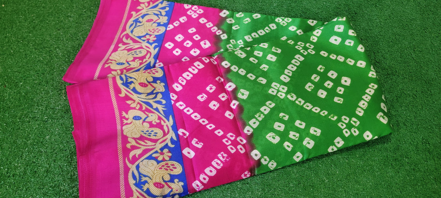 Beautiful bandhani print  art silk Saree - Pink and Green combination