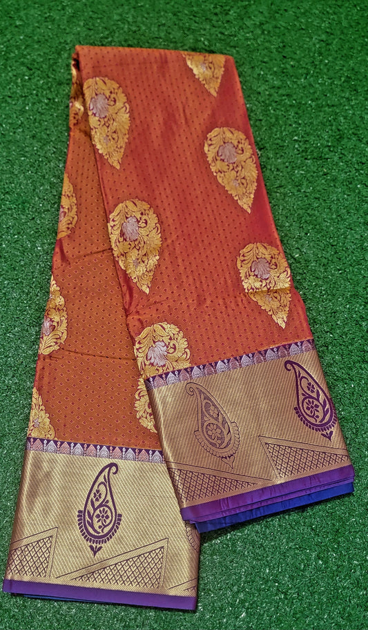 Kanchi pattu Saree - Brownish Red and Dark Blue