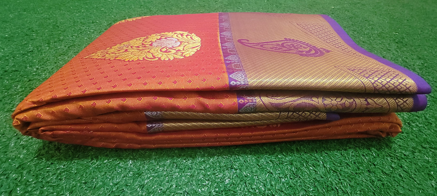 Kanchi pattu Saree - Brownish Red and Dark Blue