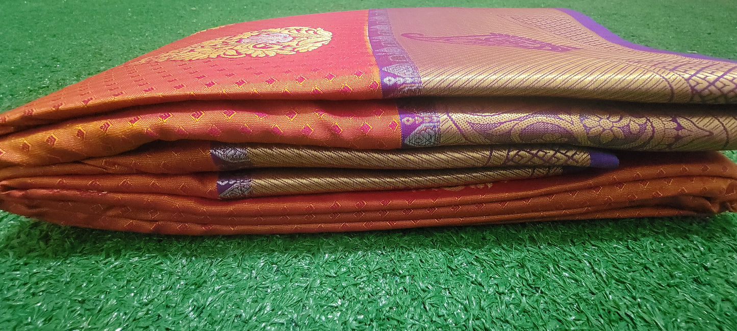 Kanchi pattu Saree - Brownish Red and Dark Blue