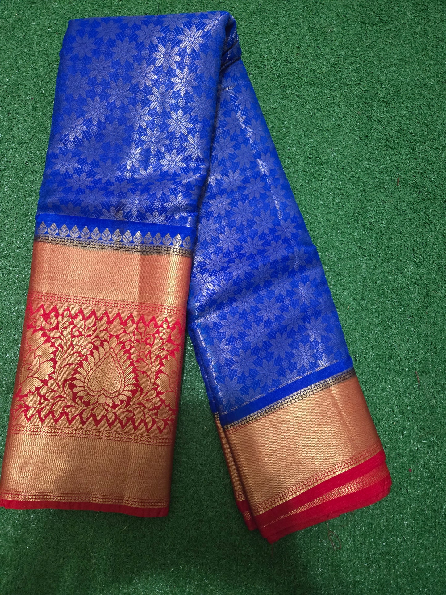Pattu saree with kanchi big border - Blue and red combination