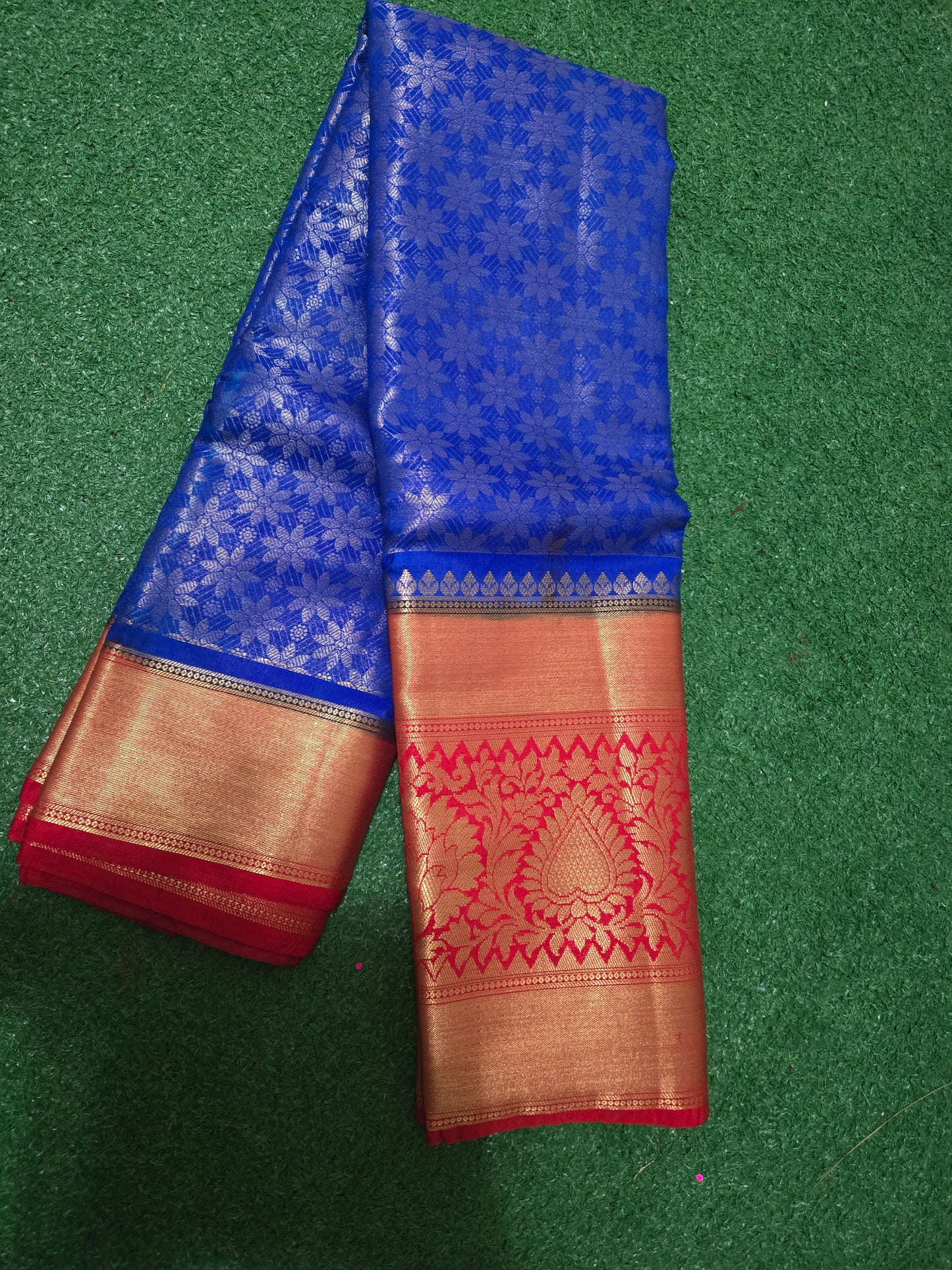 Pattu saree with kanchi big border - Blue and red combination