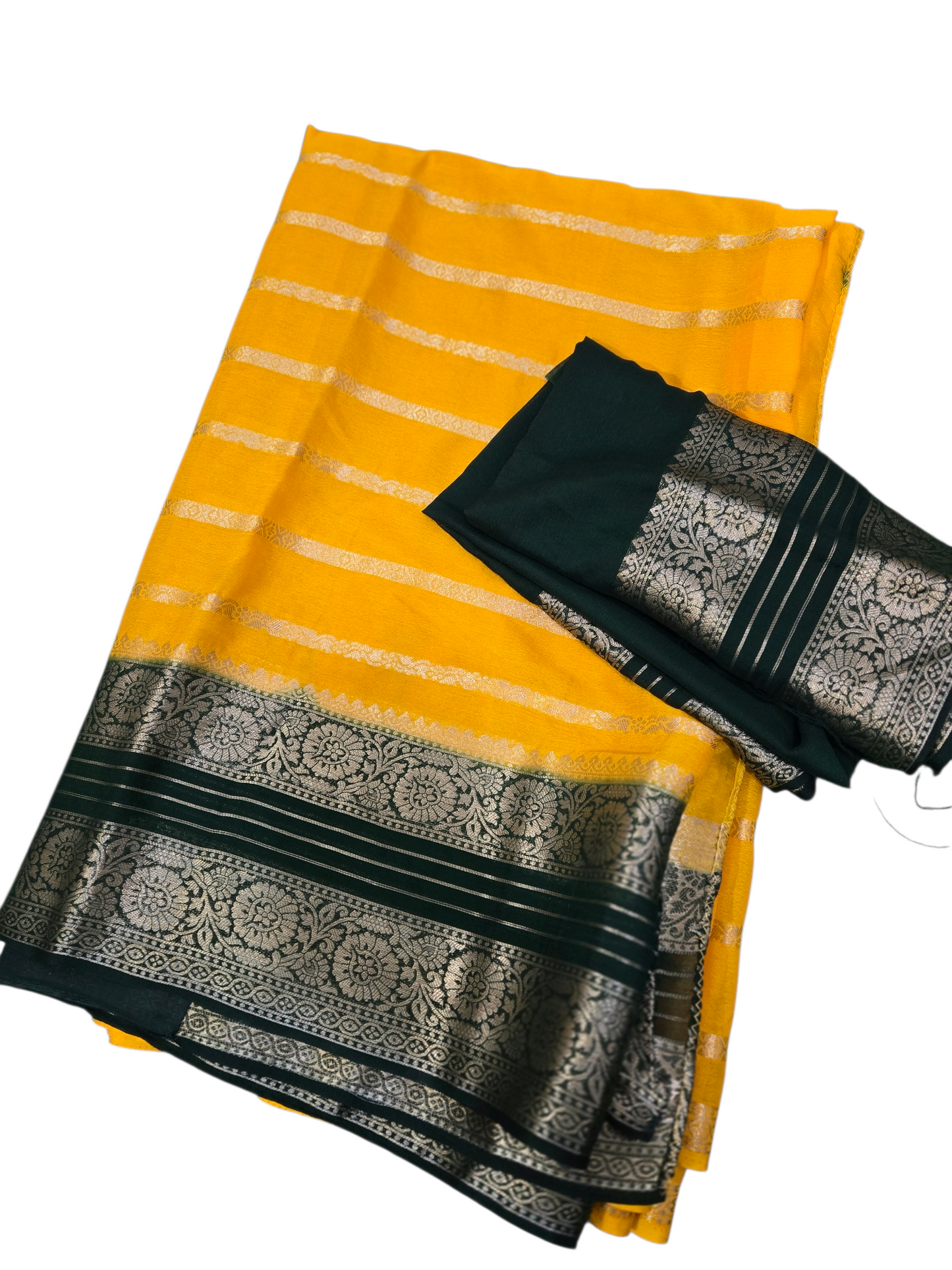 Soft banaras georgette mix saree - Mango yellow with bottle green