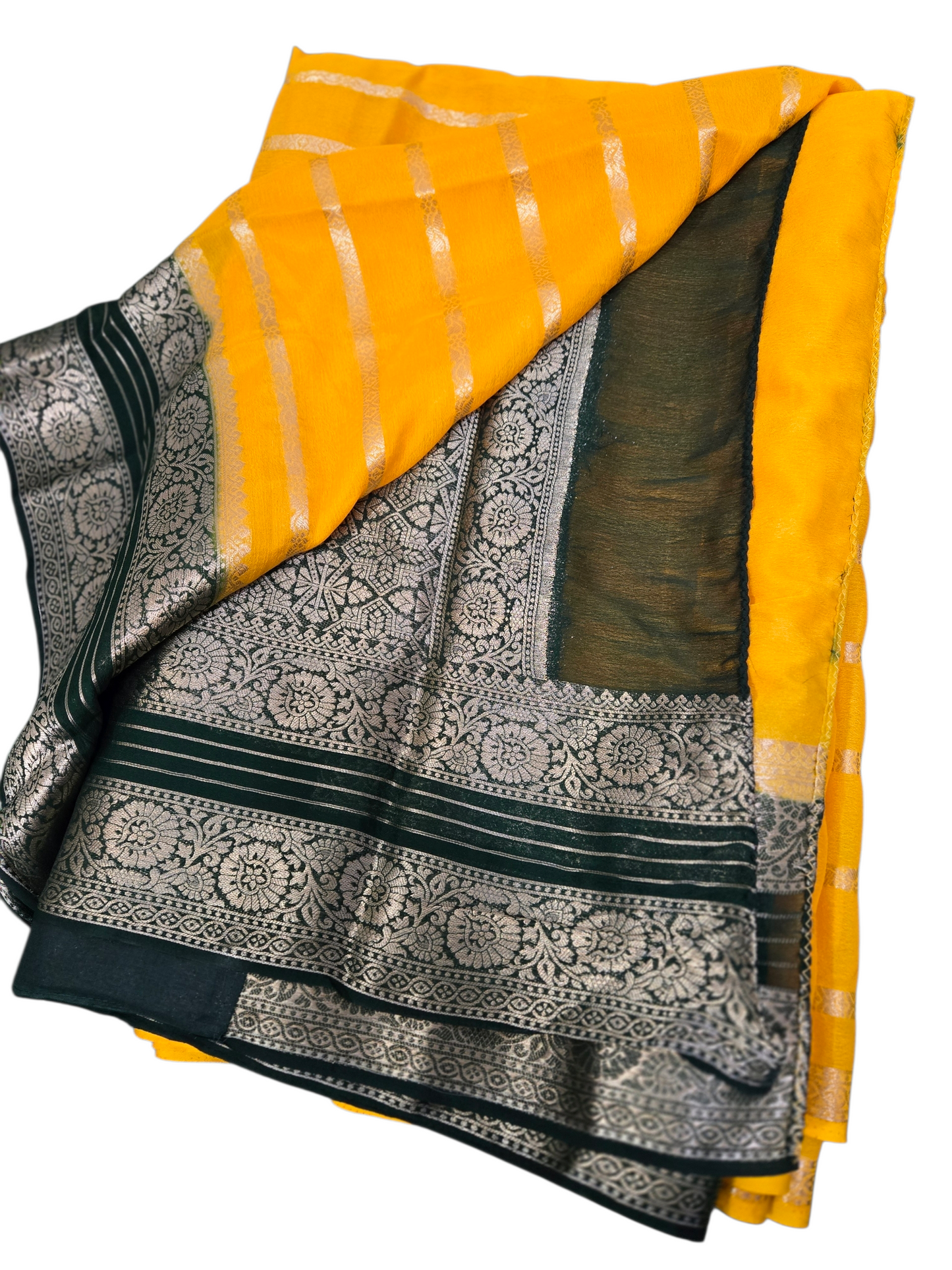 Soft banaras georgette mix saree - Mango yellow with bottle green
