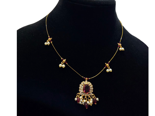Crimson Heirloom Pearl-Drop Bridal Pendant Necklace