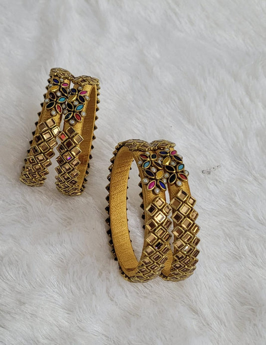 Silk Thread Bangles - Gold color with multi color kundans