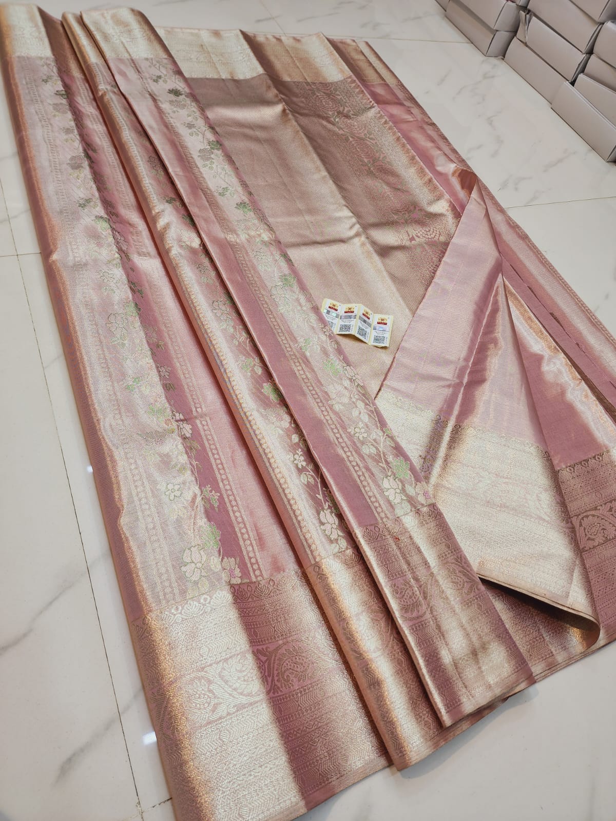 Pure Silk Kanchi pattu Saree - Beautiful peach cream color