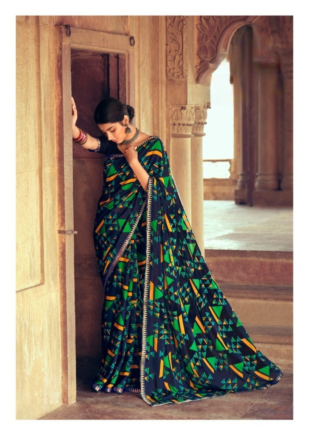 Soft Chiffon geometric shapes sarees - Multi color