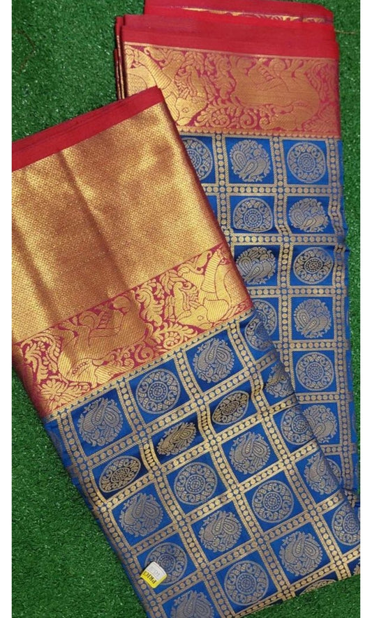 Kanchi blue color with Red border Checks Saree