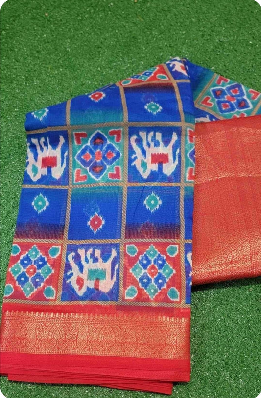 Ikkat pattern Blue color with Red border Saree