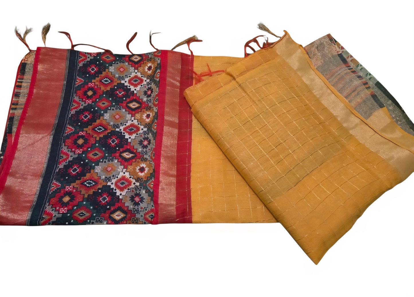 Baeutiful yellow and red pochampally kuppadam checkers saree