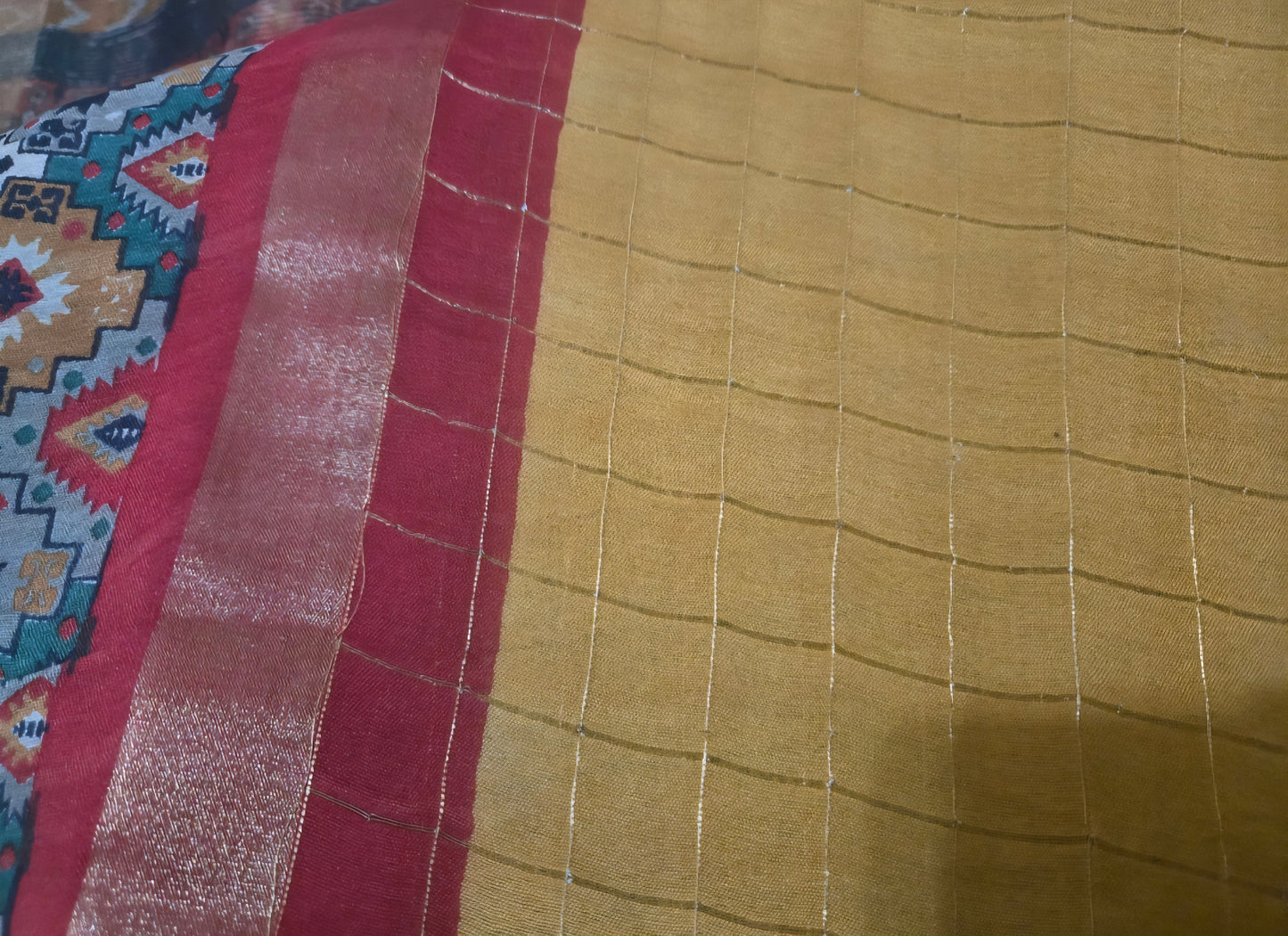 Baeutiful yellow and red pochampally kuppadam checkers saree
