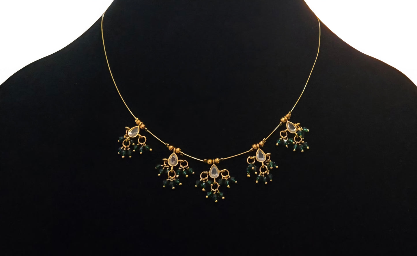 Polki trardrop invisible necklace with clustered bead hangings